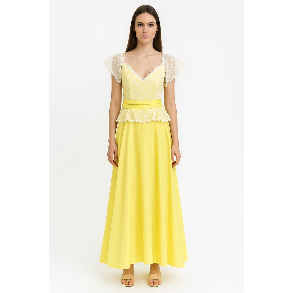 American vintage OOAK yellow white lace formal gown flutter sleeves bow medium